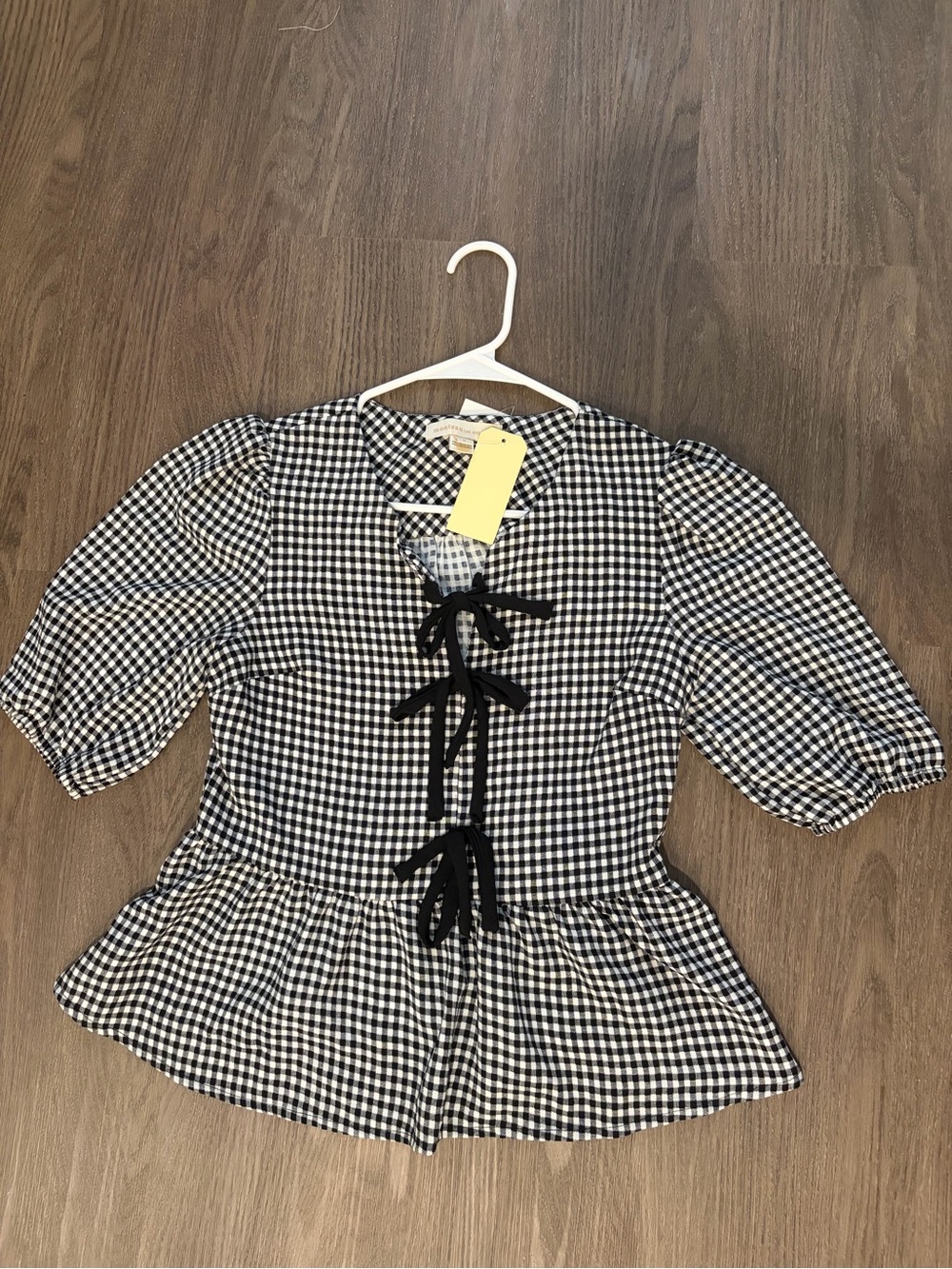 NWT Monteau Black & White Gingham Peplum Tie-Front Top
